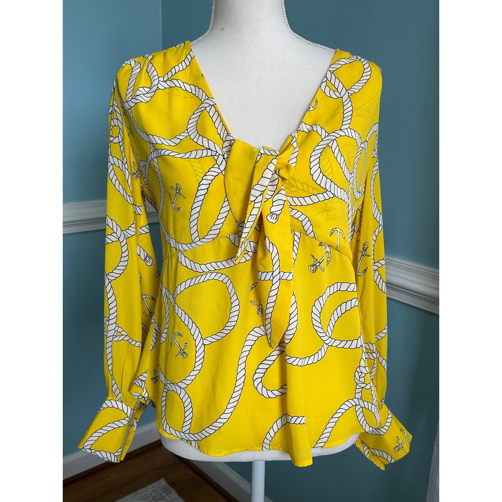 Cabi Yellow Nautical Rope Anchor Print Tie Front Blouse Long Sleeve Small